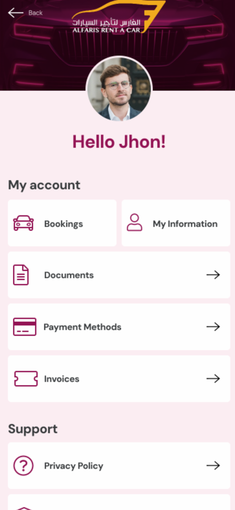 Alfaris Rent A Car - User account dashboard of Alfaris Rent A Car app showing personal profile and booking management options