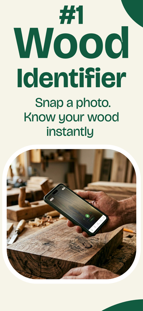 Wood Identifier: AI Lumber - 木工作家が作業台で木材の木目をWood Identifierアプリでスキャンしている様子
