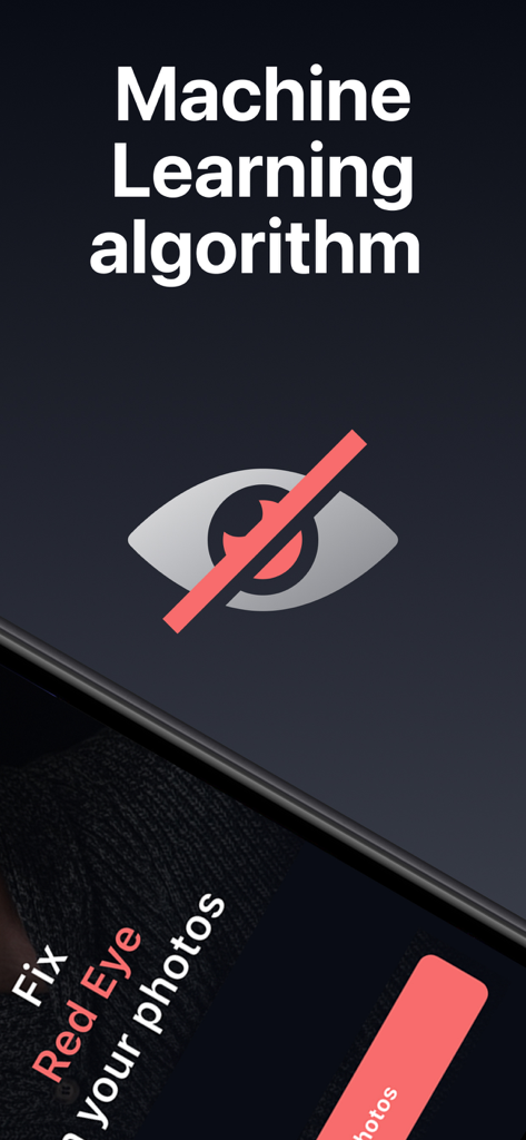 RedEye Fix app screen displaying its machine learning algorithm for automatic red eye removal