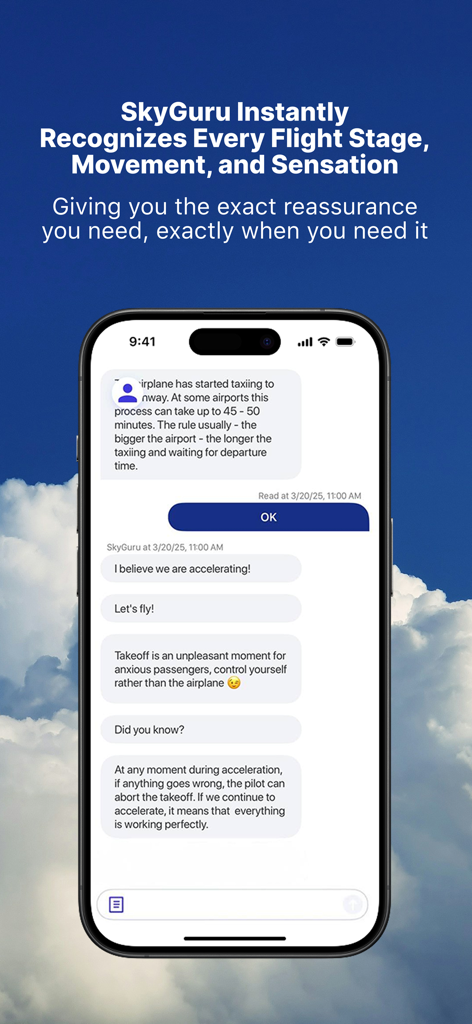 Sky Guru Fear of flying help - Interfaz de la aplicación SkyGuru que explica las fases de rodaje y despegue para calmar a los pasajeros ansiosos.