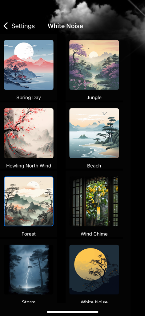 Flip Clock - Pomodoro & Focus - Aesthetic white noise sound selection screen with nature-themed illustrations in the Flip Clock app.
