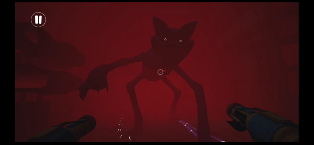 A shadowy monster with glowing eyes stands in a dense red fog in Poppy Playtime Chapter 3