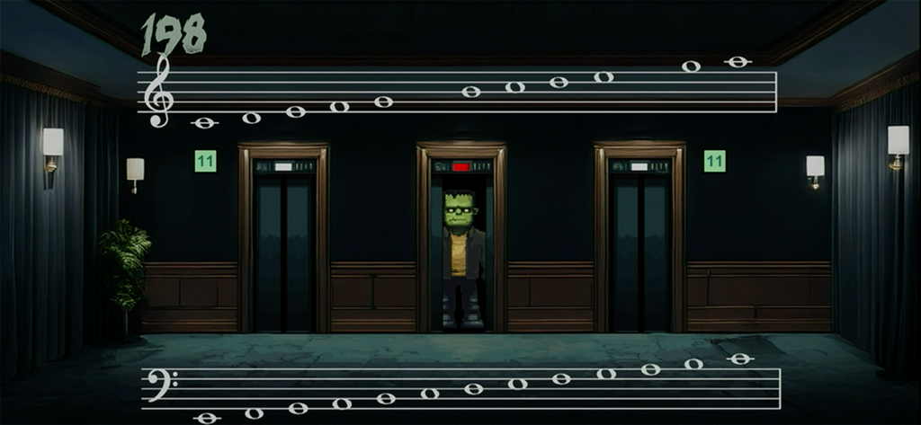 Music Monsters - Jugabilidad de Music Monsters mostrando un monstruo Frankenstein en un ascensor de hotel embrujado con notas musicales