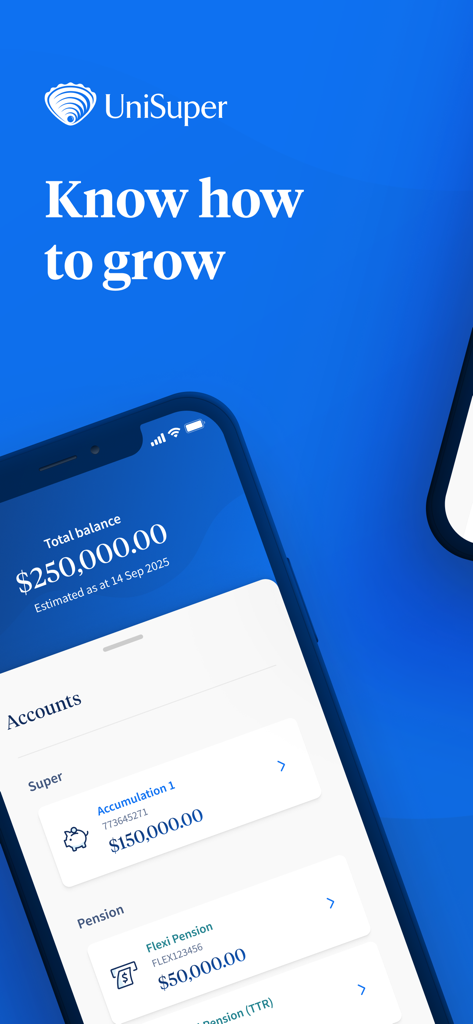 A mobile phone displaying the UniSuper app dashboard with total account balance and pension details.