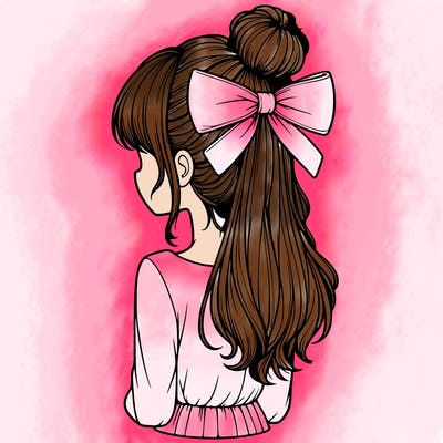 realistic girl  with hip length hair a bun and a big bow on the back of head