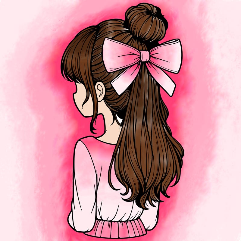 realistic girl  with hip length hair a bun and a big bow on the back of head