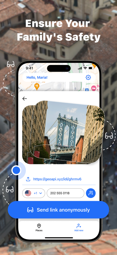Interfaz de teléfono móvil que muestra el intercambio anónimo de enlaces de ubicación para garantizar la seguridad familiar