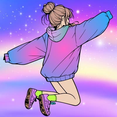 realistic girl jumping with a bun and oversized sweatshirt