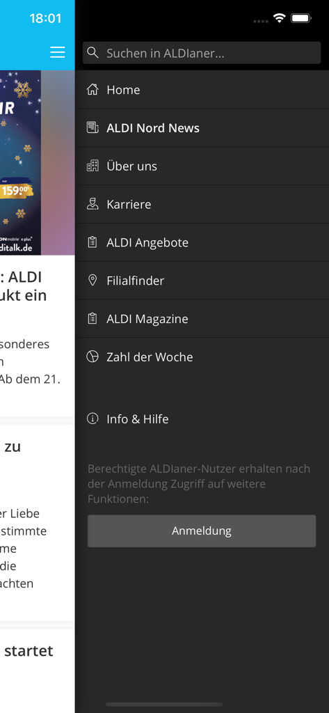 ALDIaner - Menu de navegação lateral da aplicação ALDIaner com links para notícias da ALDI Nord, oportunidades de carreira e localizador de lojas.