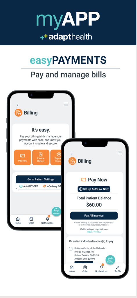 myAPP by AdaptHealth billing interface showing payment options and total patient balance