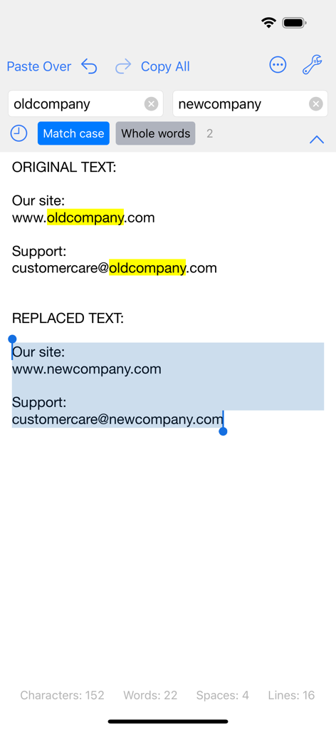 Screenshot of the Clean Text app showing the find and replace feature replacing old company names with new ones in text.
