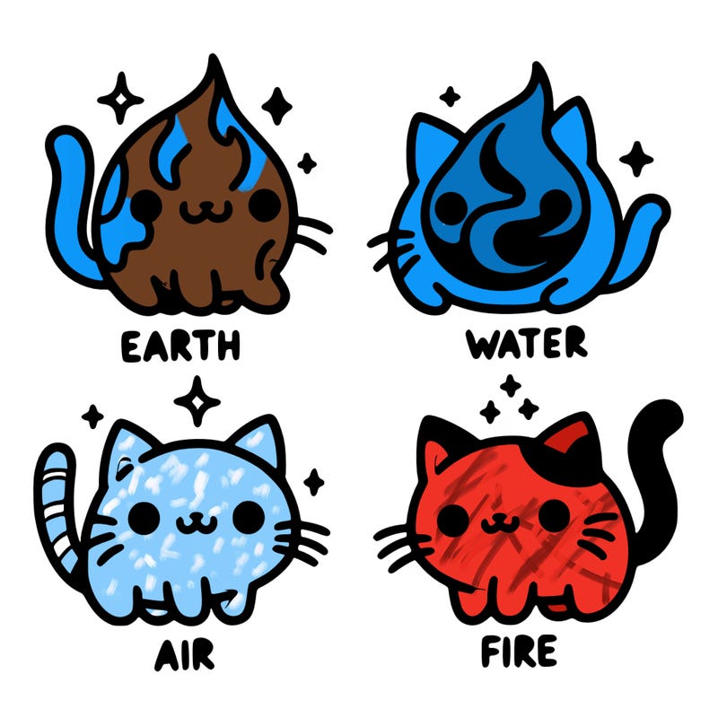 4 cats that represent the different elements, earth, water, air, and fire