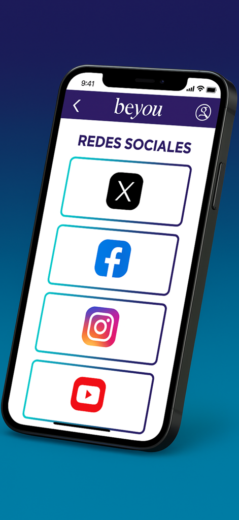 Be you Steven’s - Pantalla de conexiones de redes sociales de la aplicación Be you Steven's con iconos para X, Facebook, Instagram y YouTube.