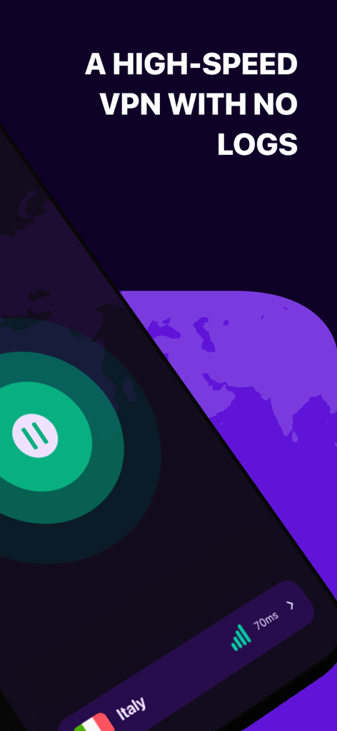 Sensor VPN app interface displaying high speed connection and no logs privacy feature