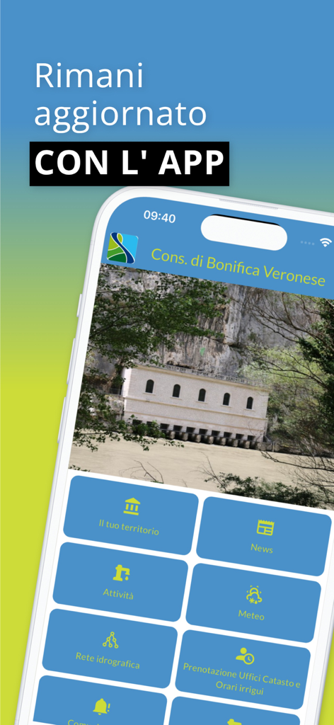 Startbildschirm der Consorzio di Bonifica Veronese App mit einem Dashboard mit Symbolen für Wetter, Bewässerungspläne und Nachrichten