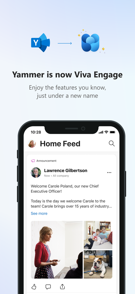 Announcement showing Yammer rebranding to Viva Engage with a preview of the mobile home feed