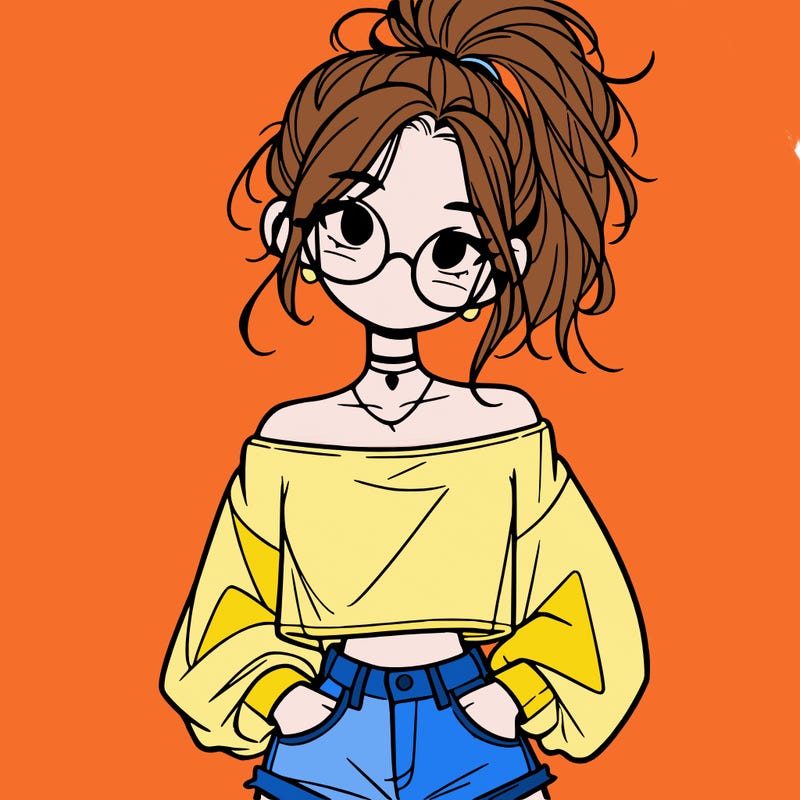 girl with a messy ponytail glasses a baggy crop top and jean shorts