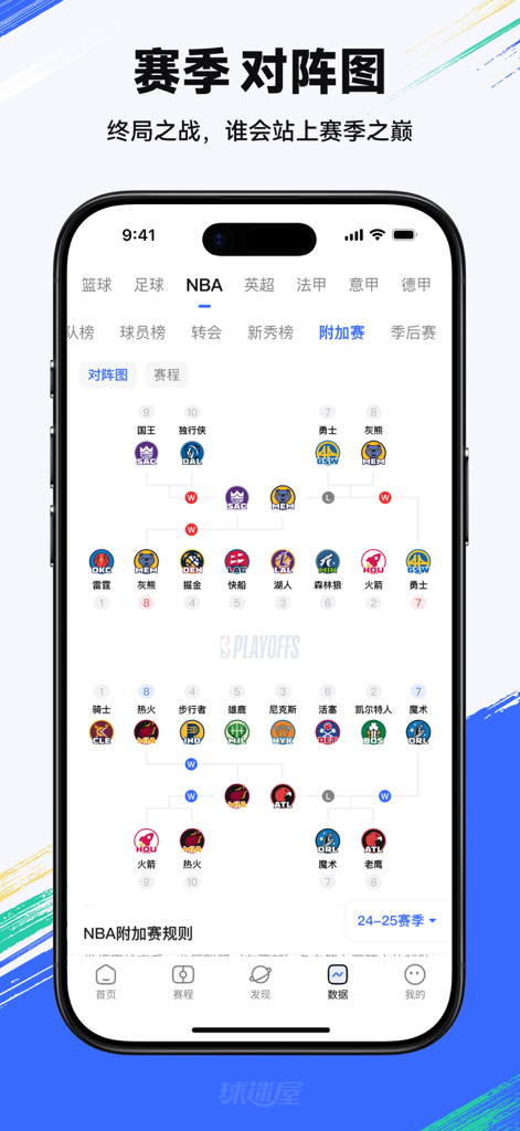 Tabellone del torneo dei playoff NBA visualizzato sull'interfaccia dell'app mobile Fans House.