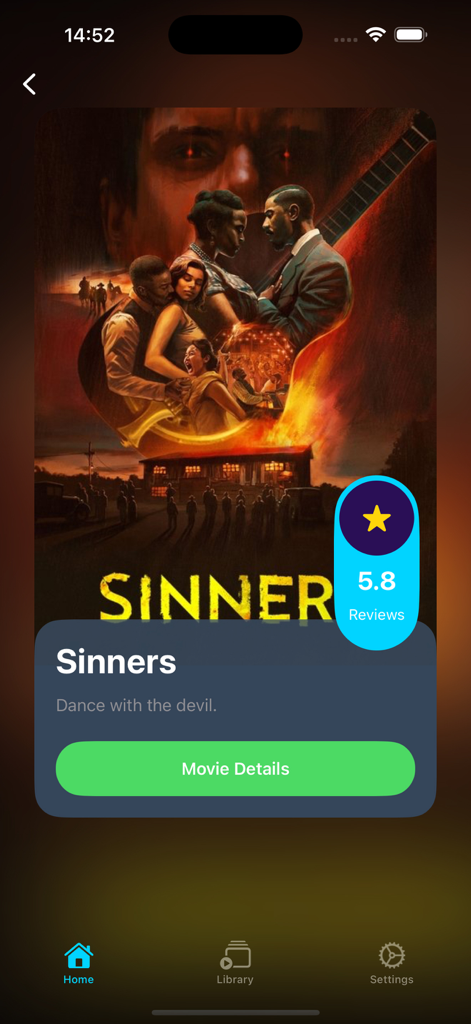 Honor app screen displaying movie info for Sinners with a 5.8 review rating and a green movie details button