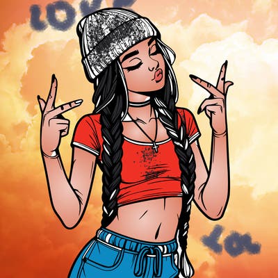 realistic teenage girl with braids and a beanie and crop top doing 🫶🏼