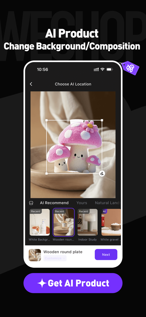 WeShop AI - Swap Face & BG - Oberfläche der WeShop AI App, die zeigt, wie der Hintergrund eines Plüschtiers für E-Commerce-Angebote geändert werden kann