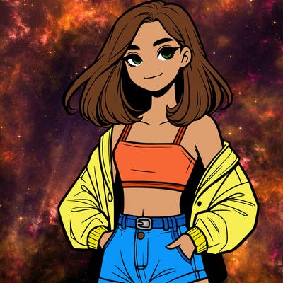 a realistic girl with a crop top and short shorts in an open jacket