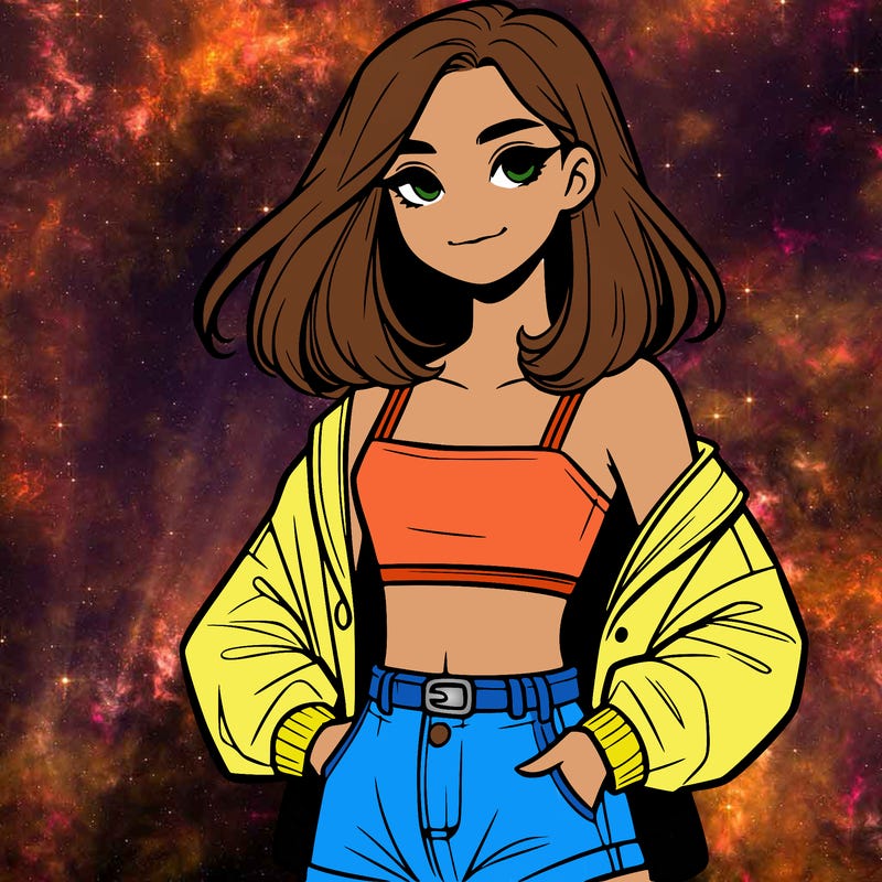 a realistic girl with a crop top and short shorts in an open jacket