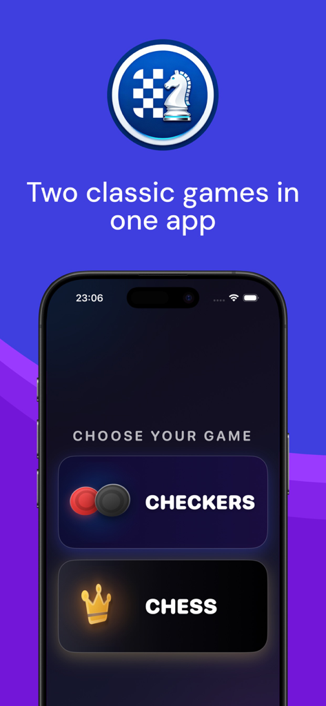 Chess & Checkers: Duo Games - Pantalla del menú principal de la aplicación Ajedrez y Damas Juegos Dúo mostrando opciones de selección de juego en un smartphone