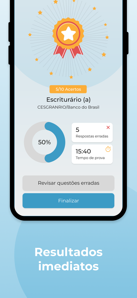 Mobile app screen showing exam results for a Brazilian civil service mock test including score percentage and time taken.