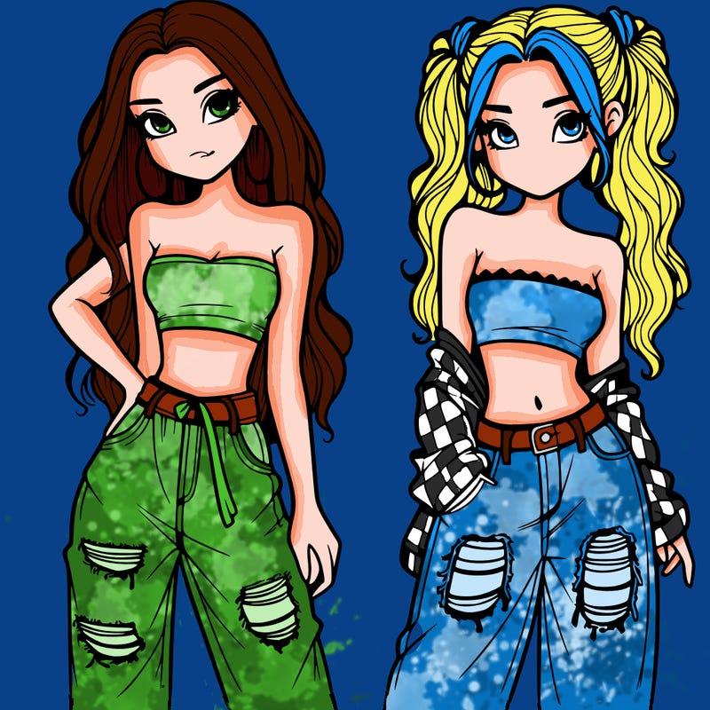 2 girls in crop tops and baggy jeans ripped