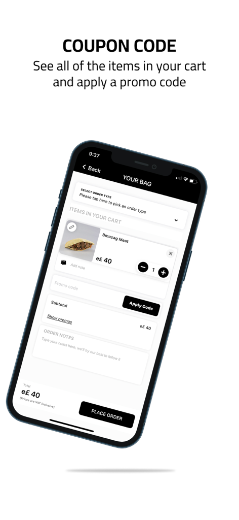 Bmazag | بمزاج - Bmazag restaurant app shopping bag screen showing an order summary and a promo code field