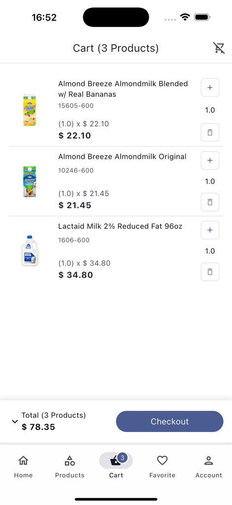 HapCor - HapCor app shopping cart showing wholesale dairy products and a checkout button