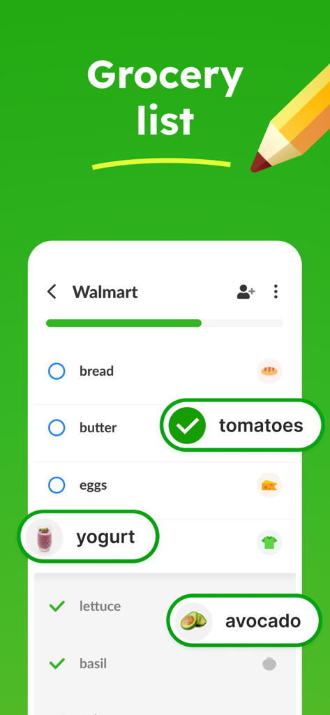 Grocery List - Listonic - Lista de compras no aplicativo Listonic para Walmart mostrando pão, manteiga, ovos e iogurte com itens marcados para tomate e abacate