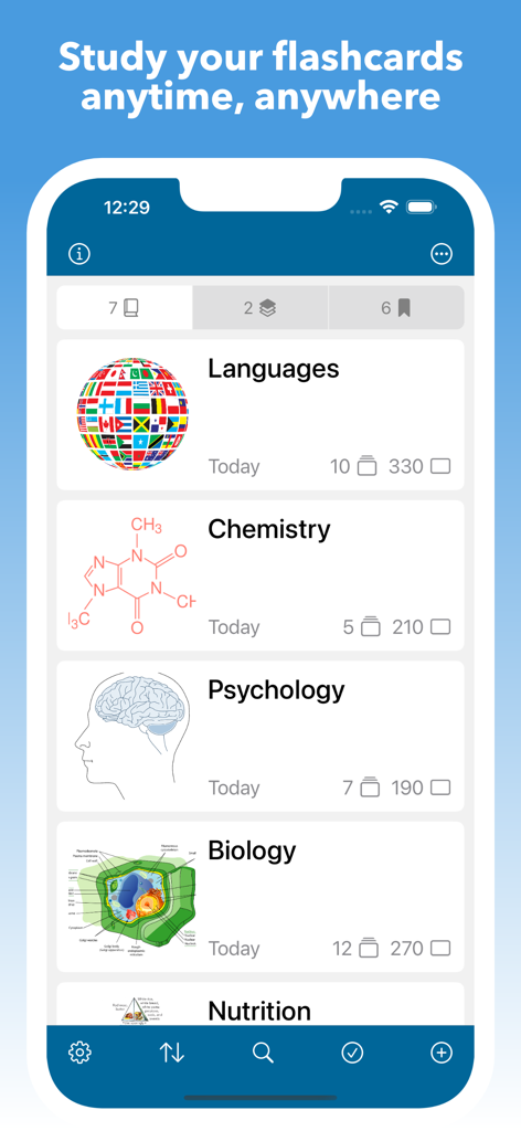 Interface de l'application Mighty Flashcards affichant une liste de paquets d'étude pour les langues, la chimie, la psychologie et la biologie