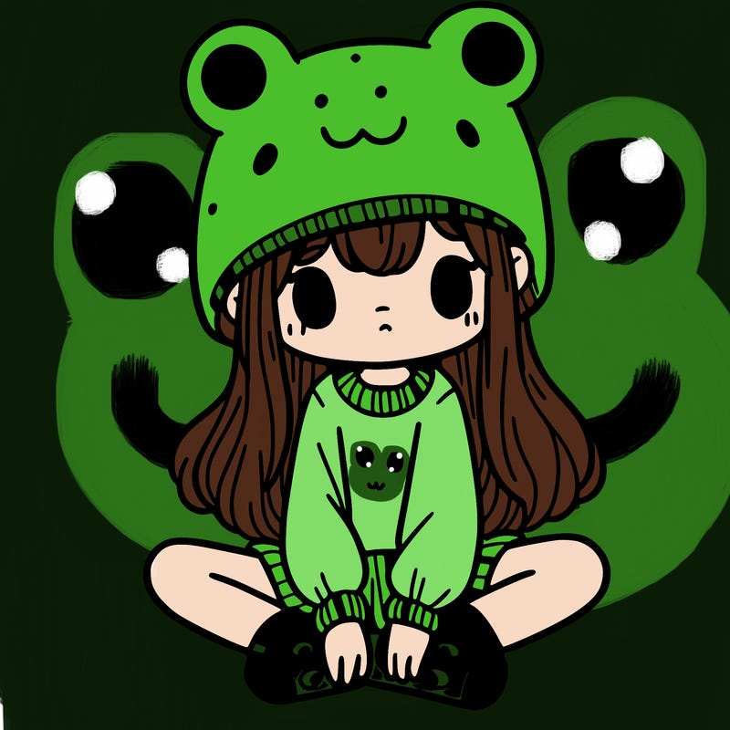 a girl wearing a frog hat and some frog socks