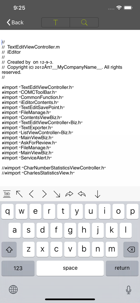 iEditor Pro – Text Code Editor - iEditor Pro interface showing Objective-C source code editing with a mobile keyboard