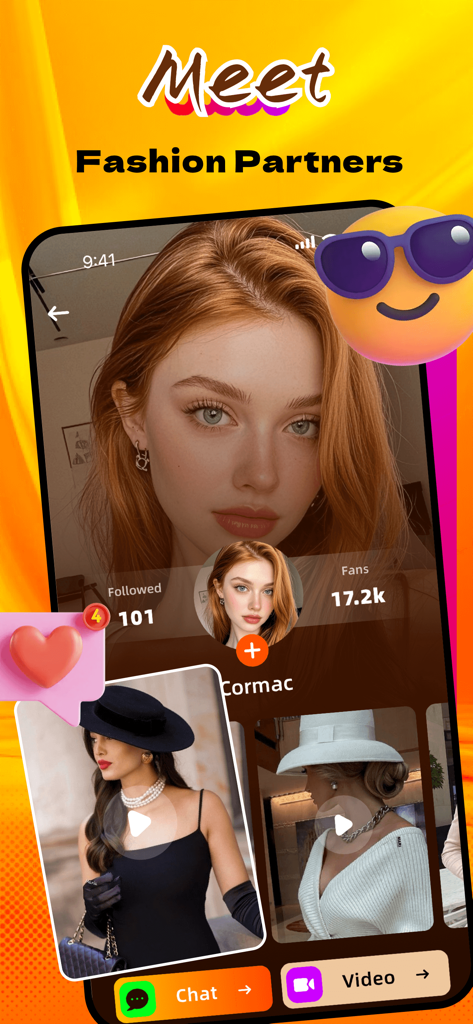 Olivn：Live Video Chat，Meet - 올리븐 앱 화면에 올드 머니 스타일 의상 비디오와 채팅 옵션이 있는 패션 프로필이 표시됩니다.