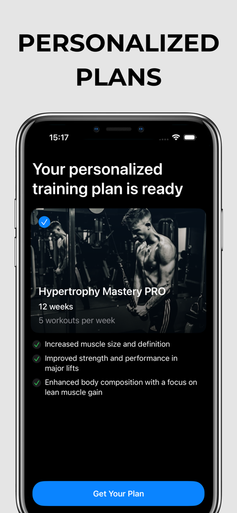 Fit Records - Workout Tracker - Fit Records app interface showing a personalized hypertrophy mastery training plan