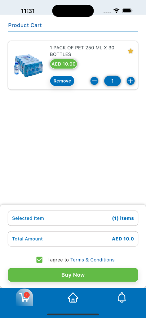 AL HUDA WATER - Shopping cart in the Al Huda Water app showing a pack of thirty water bottles for ten AED and a buy now button