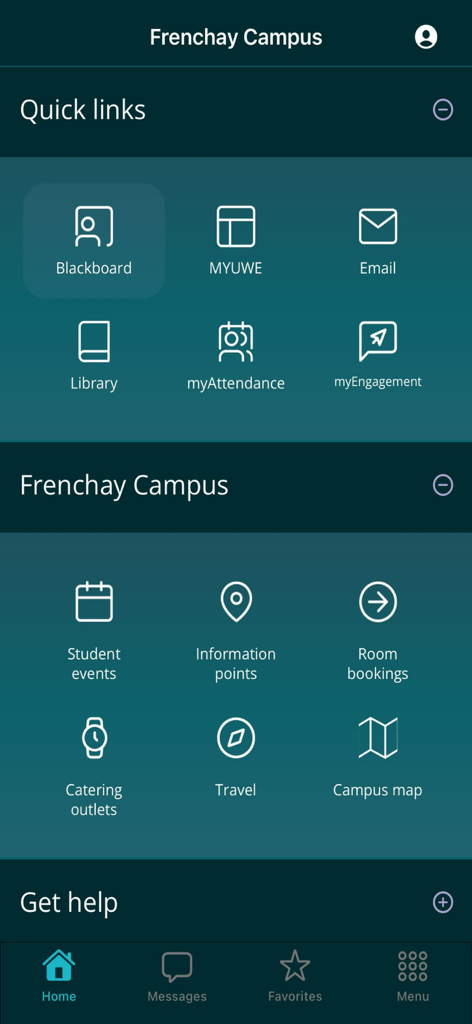 UWE Bristol - The UWE Bristol mobile app home screen showing shortcuts for Blackboard, email, campus maps, and student services