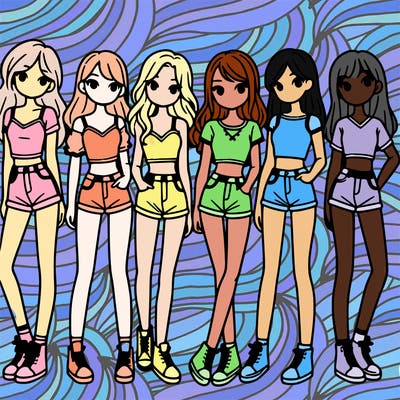 a group of girls wearing crop tops and shorts