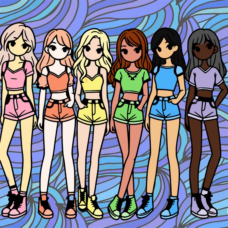 a group of girls wearing crop tops and shorts