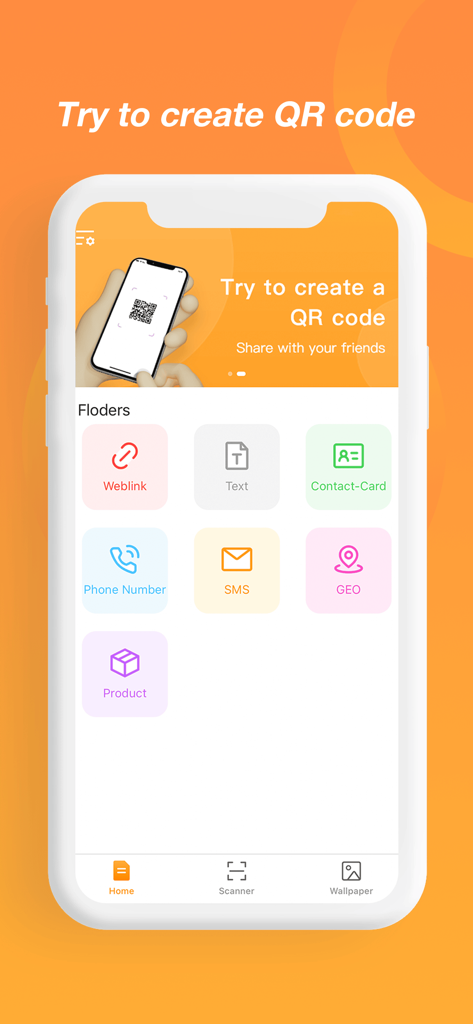 Interface of the Scaner-Secure and Proxy app showing options to create QR codes for weblinks, text, and contact cards