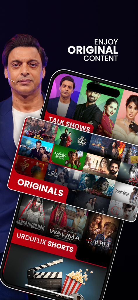 Urduflix - اردو فلکس - Smartphone screen displaying Urduflix app categories for talk shows and original series