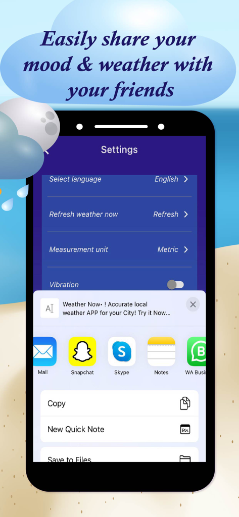A mobile phone displaying a weather app settings menu and a social media sharing interface.