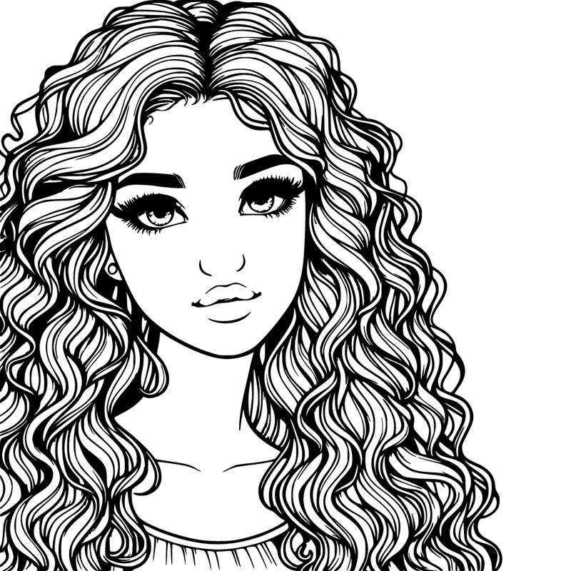 realistic girl with curly long hair and a pretty face