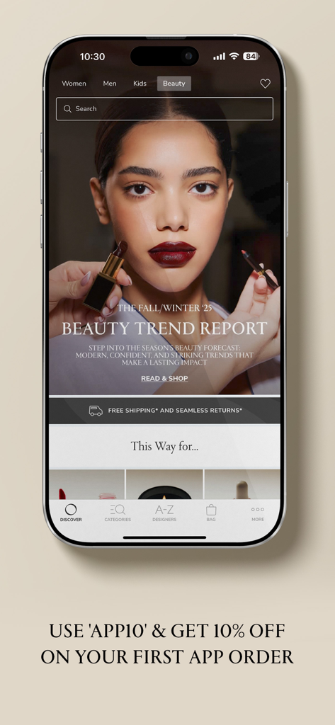 Ounass Luxus-Shopping-App-Bildschirm zeigt den Beauty-Trendbericht und einen Rabatt auf die erste Bestellung.