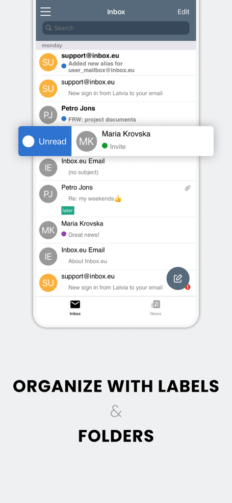 inbox.eu - Mobile interface of the inbox.eu email app showing email organization with colored labels and folders.