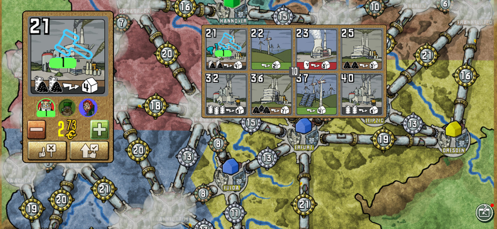 Pantalla de subasta de centrales eléctricas en la aplicación del juego de mesa Power Grid que muestra las centrales eléctricas disponibles y los controles de puja