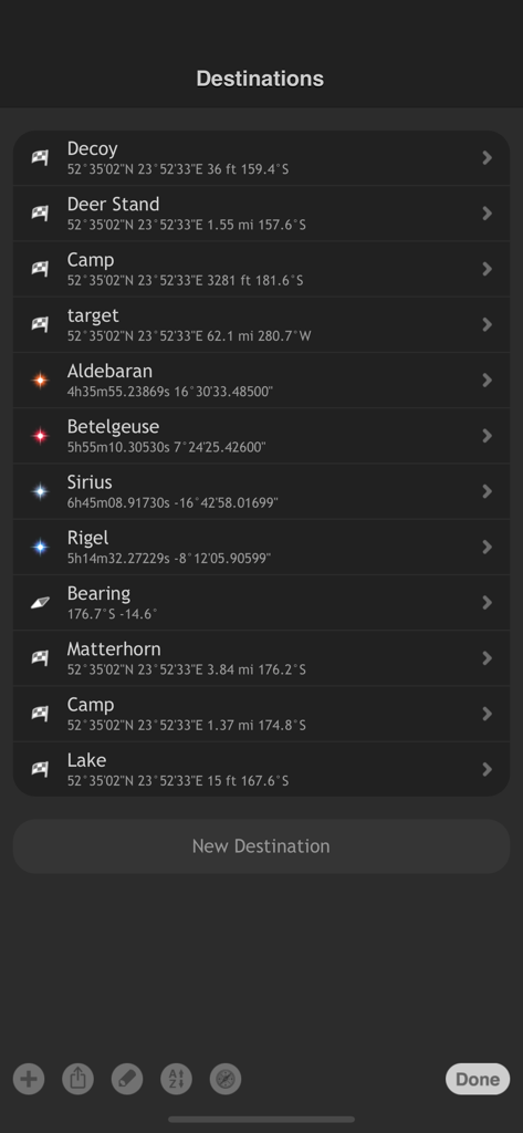 Spyglass app screen showing a list of saved outdoor destinations and celestial waypoints with technical coordinates.